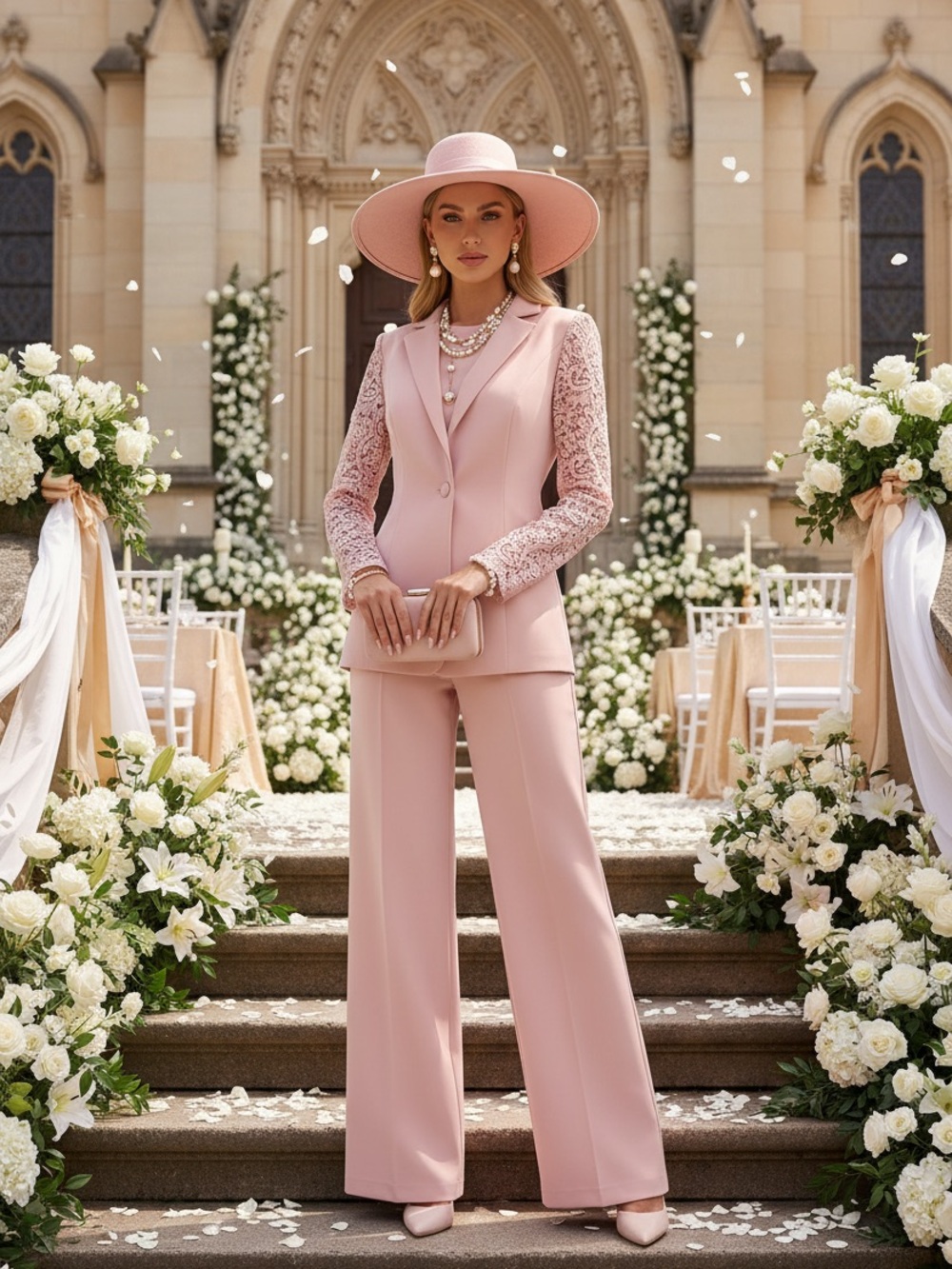 Chic Pink Wide-Leg Lace-Sleeve Jumpsuit Ensemble